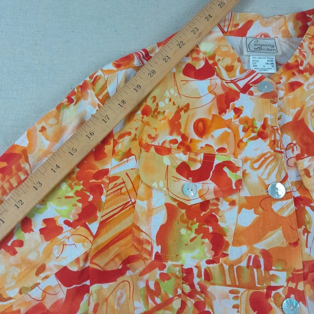 Vintage Company Collection Linen Blend Jacket Womens 14 Orange Abstract Floral
